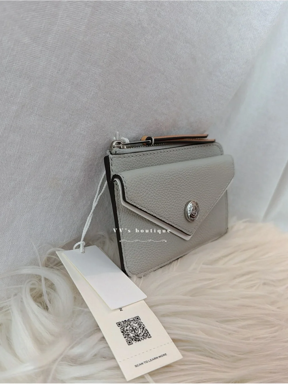 NWT Tory Burch Pebble Envelope Zip Card Case Holder Light Titanium Grey 171715